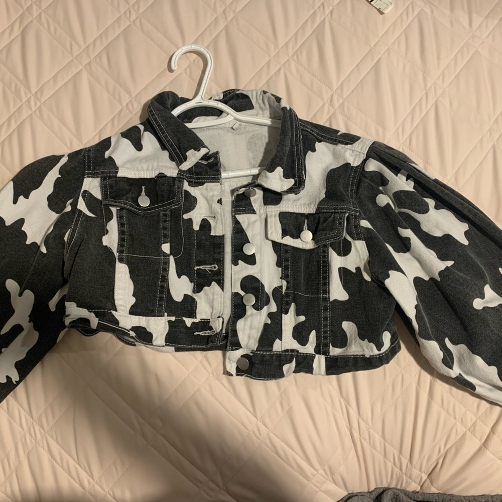 Cow print cropped jean jacket